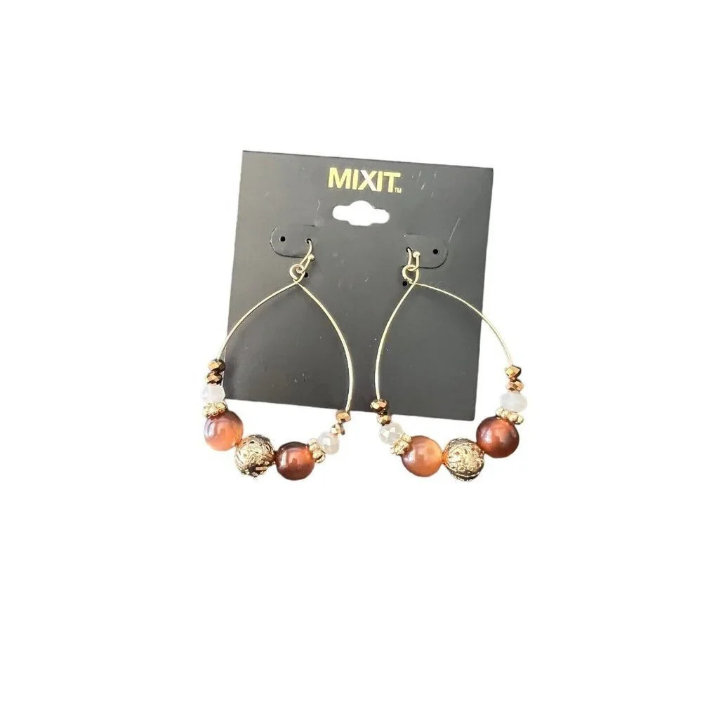 Women's NWT Mix It Earrings Gold Tone Beaded Dangle Drop Hoop Earthtone Boho